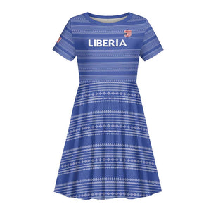 Custom Liberia Football Kid Short Sleeve Dress African Tribal Pattern - Blue Jersey - African Pride