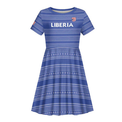 Custom Liberia Football Kid Short Sleeve Dress African Tribal Pattern - Blue Jersey - African Pride