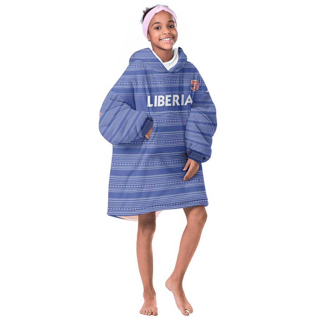 Custom Liberia Football Kid Wearable Blanket Hoodie African Tribal Pattern - Blue Jersey - African Pride