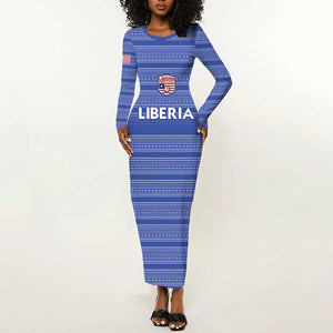 Custom Liberia Football Long Sleeve Bodycon Dress African Tribal Pattern - Blue Jersey - African Pride