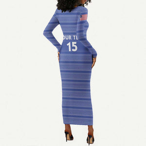 Custom Liberia Football Long Sleeve Bodycon Dress African Tribal Pattern - Blue Jersey - African Pride