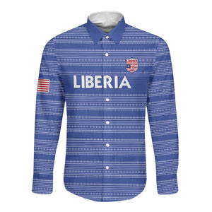 Custom Liberia Football Long Sleeve Button Shirt African Tribal Pattern - Blue Jersey - African Pride