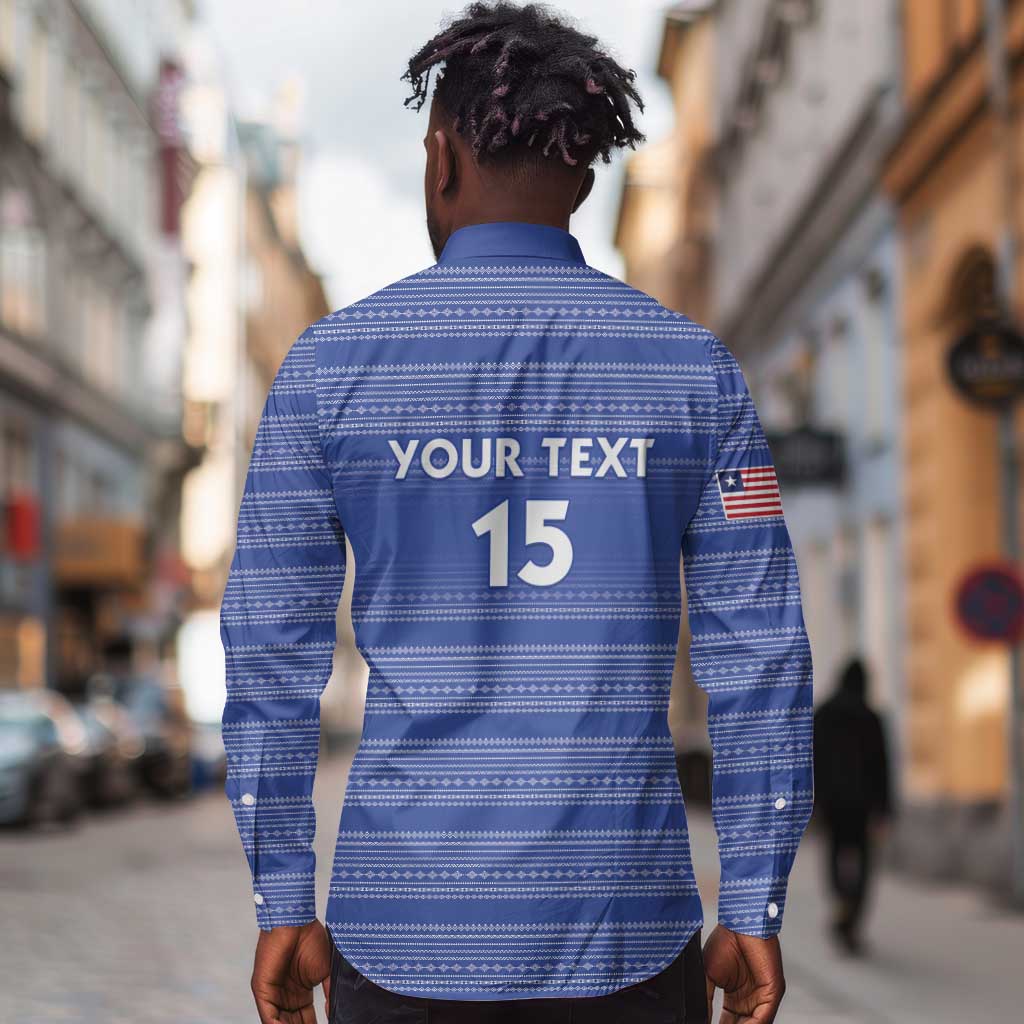 Custom Liberia Football Long Sleeve Button Shirt African Tribal Pattern - Blue Jersey - African Pride
