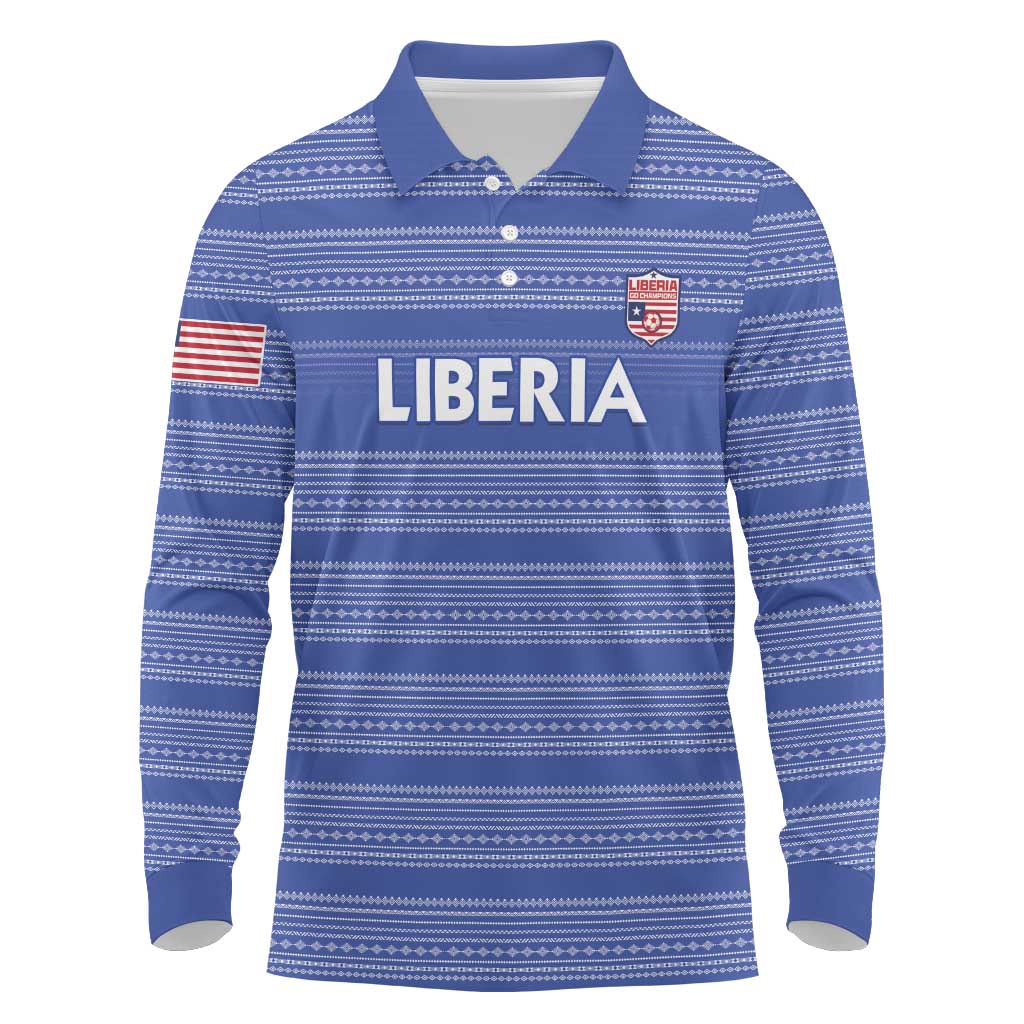 Custom Liberia Football Long Sleeve Polo Shirt African Tribal Pattern - Blue Jersey - African Pride