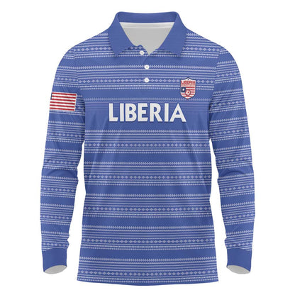 Custom Liberia Football Long Sleeve Polo Shirt African Tribal Pattern - Blue Jersey - African Pride