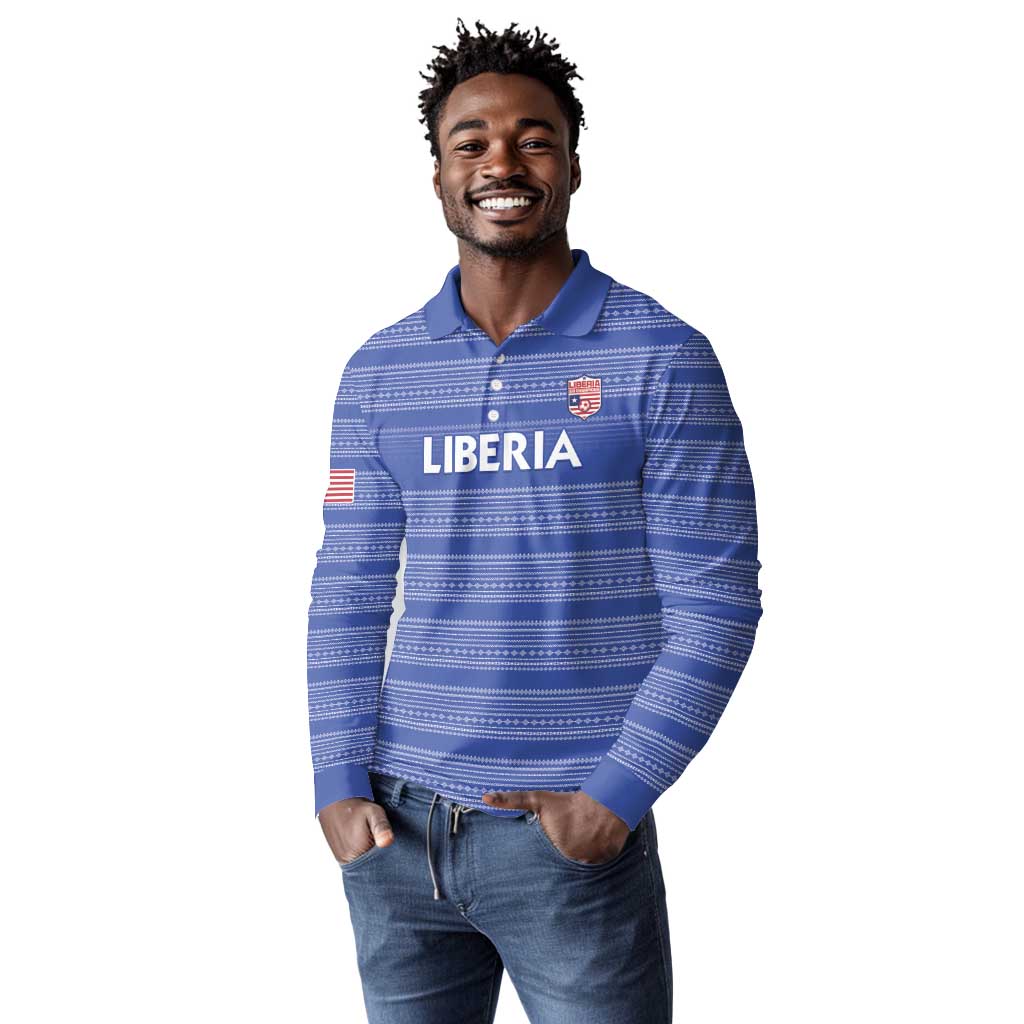 Custom Liberia Football Long Sleeve Polo Shirt African Tribal Pattern - Blue Jersey - African Pride
