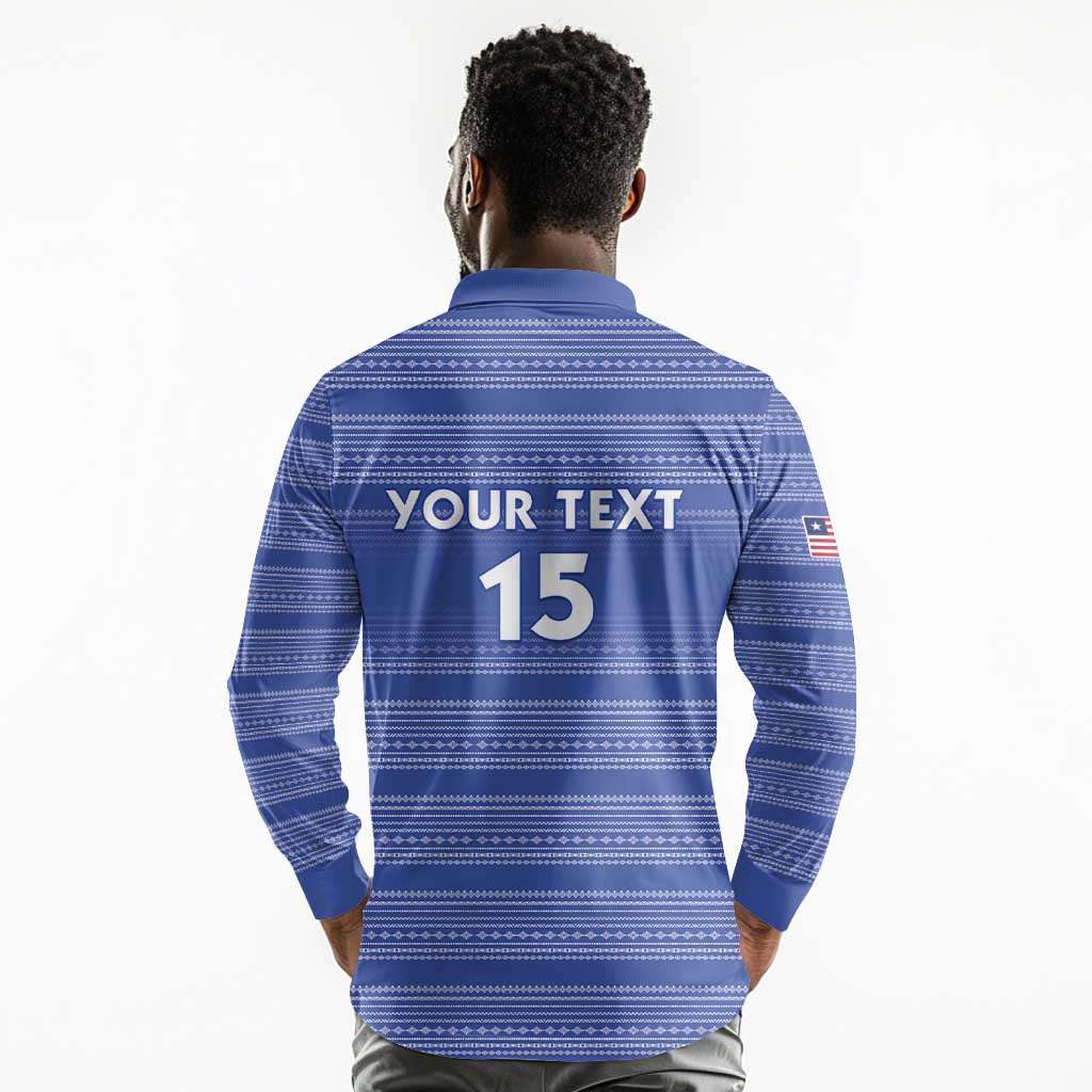 Custom Liberia Football Long Sleeve Polo Shirt African Tribal Pattern - Blue Jersey - African Pride