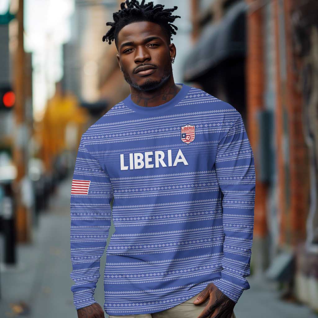 Custom Liberia Football Long Sleeve Shirt African Tribal Pattern - Blue Jersey - African Pride