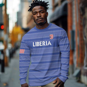 Custom Liberia Football Long Sleeve Shirt African Tribal Pattern - Blue Jersey - African Pride