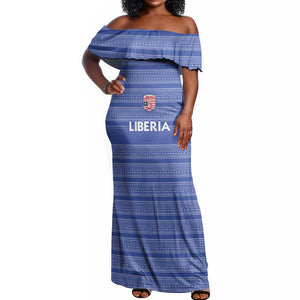 Custom Liberia Football Off Shoulder Maxi Dress African Tribal Pattern - Blue Jersey - African Pride