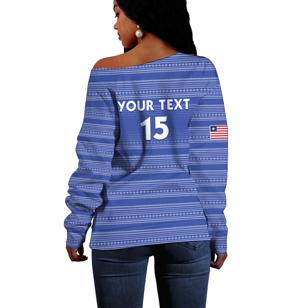Custom Liberia Football Off Shoulder Sweater African Tribal Pattern - Blue Jersey - African Pride