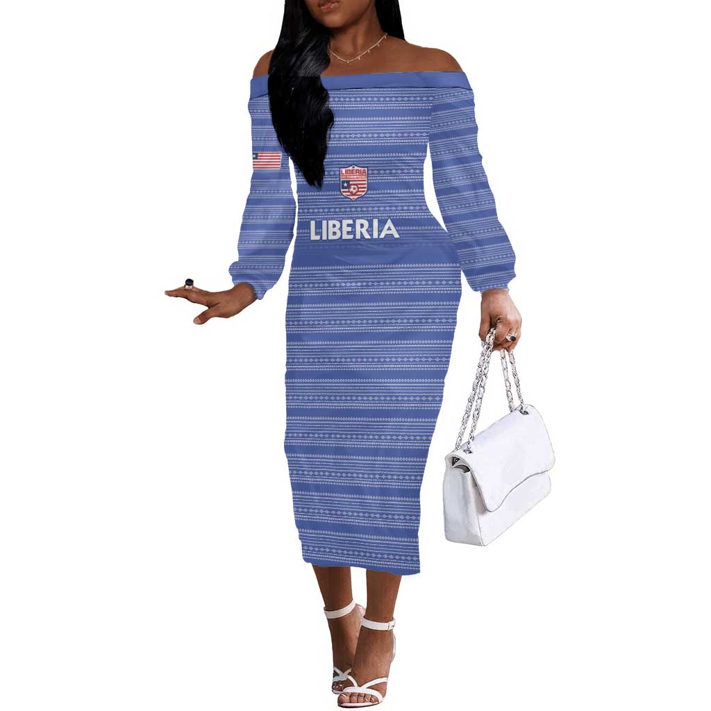 Custom Liberia Football Off The Shoulder Long Sleeve Dress African Tribal Pattern - Blue Jersey - African Pride