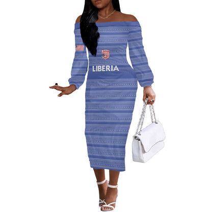Custom Liberia Football Off The Shoulder Long Sleeve Dress African Tribal Pattern - Blue Jersey - African Pride