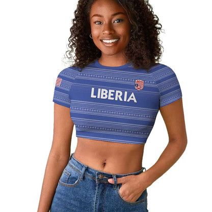 Custom Liberia Football Raglan Cropped T shirt African Tribal Pattern - Blue Jersey - African Pride
