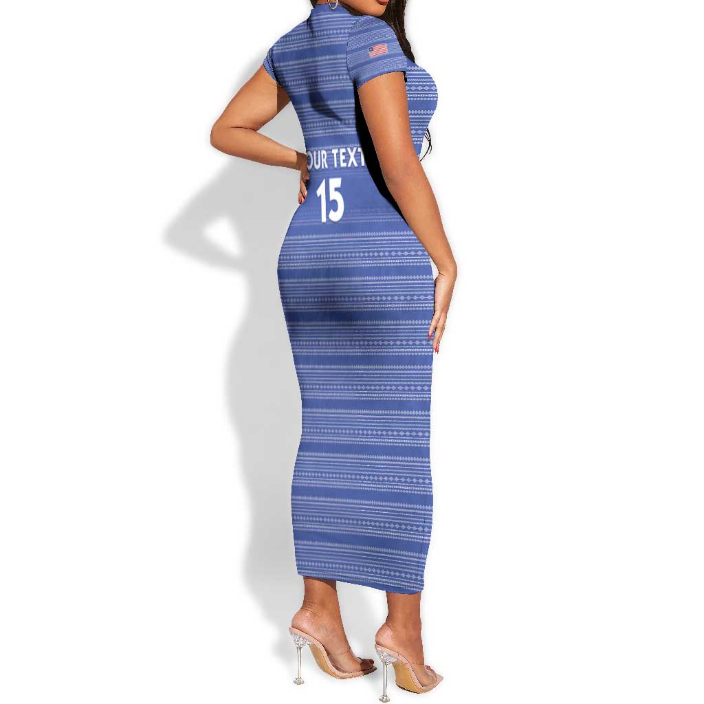 Custom Liberia Football Short Sleeve Bodycon Dress African Tribal Pattern - Blue Jersey - African Pride