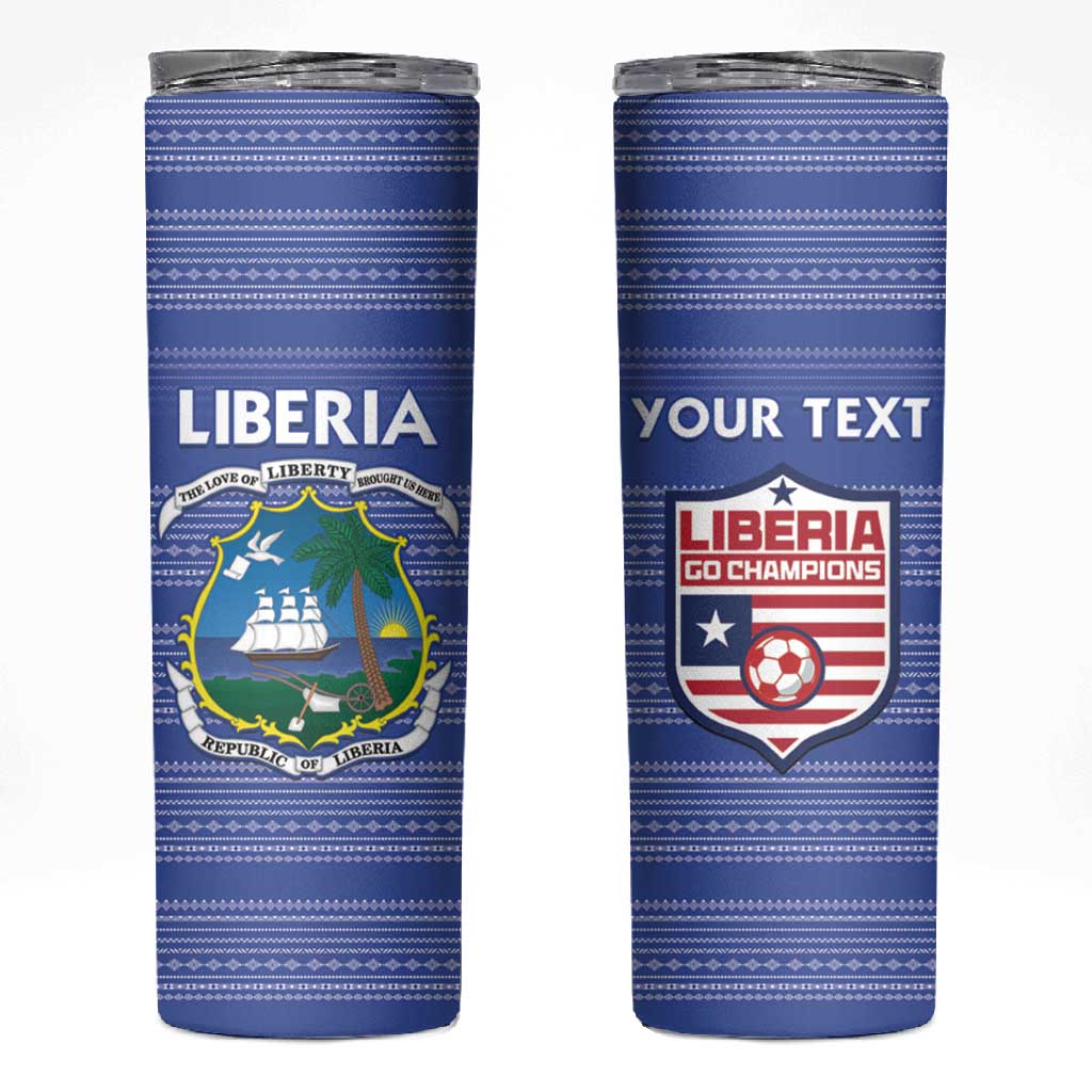 Custom Liberia Football Skinny Tumbler African Tribal Pattern - Blue Jersey - African Pride