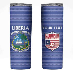 Custom Liberia Football Skinny Tumbler African Tribal Pattern - Blue Jersey - African Pride