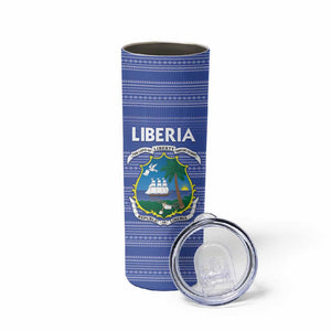 Custom Liberia Football Skinny Tumbler African Tribal Pattern - Blue Jersey - African Pride