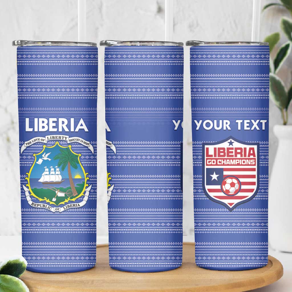Custom Liberia Football Skinny Tumbler African Tribal Pattern - Blue Jersey - African Pride