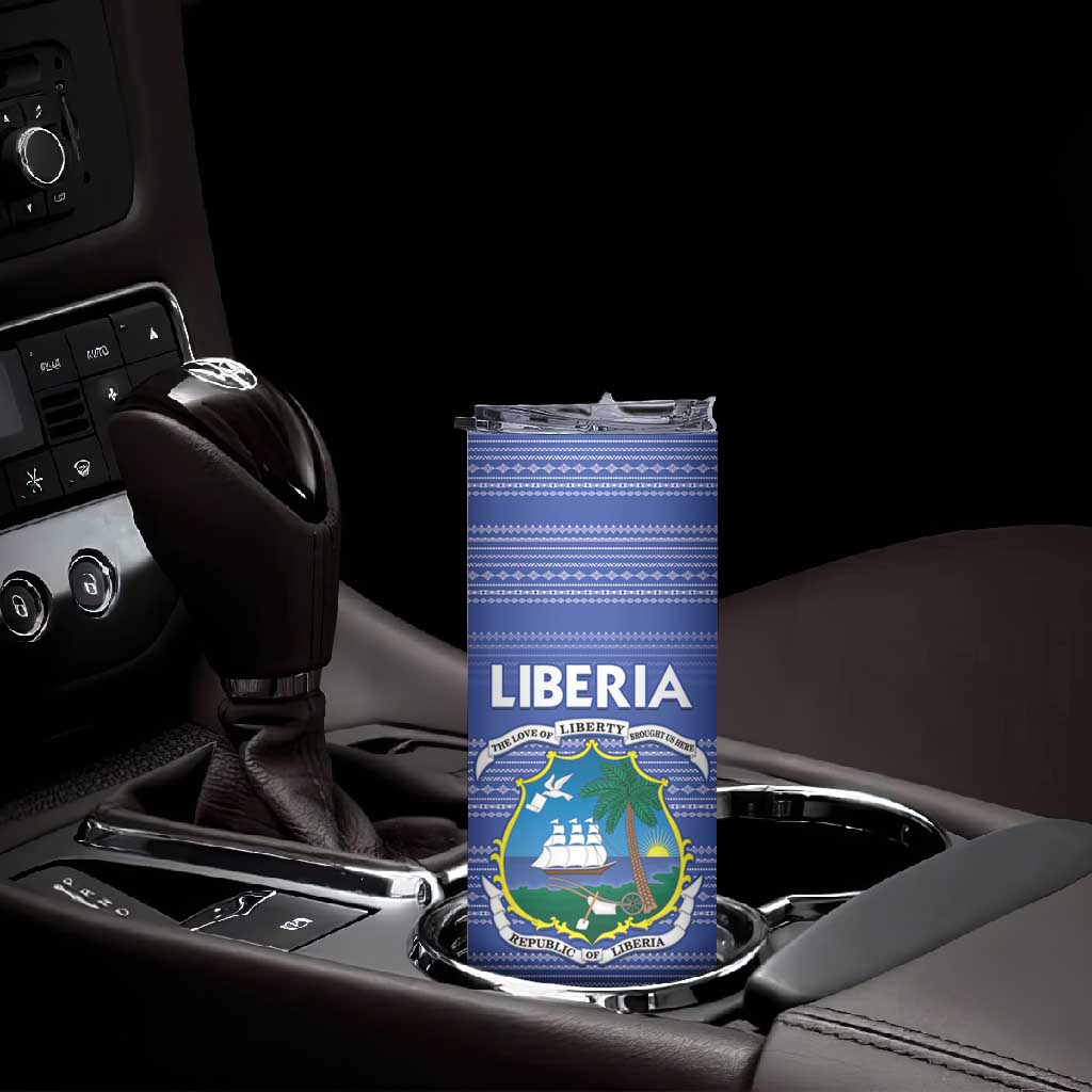 Custom Liberia Football Skinny Tumbler African Tribal Pattern - Blue Jersey - African Pride