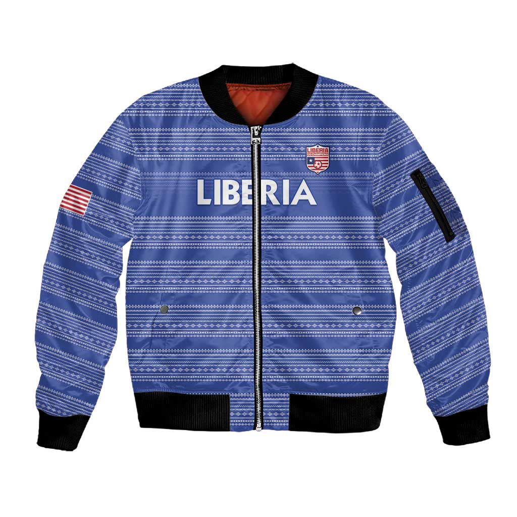 Custom Liberia Football Sleeve Zip Bomber Jacket African Tribal Pattern - Blue Jersey - African Pride