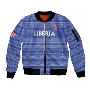 Custom Liberia Football Sleeve Zip Bomber Jacket African Tribal Pattern - Blue Jersey - African Pride