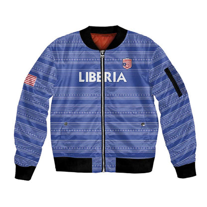 Custom Liberia Football Sleeve Zip Bomber Jacket African Tribal Pattern - Blue Jersey - African Pride