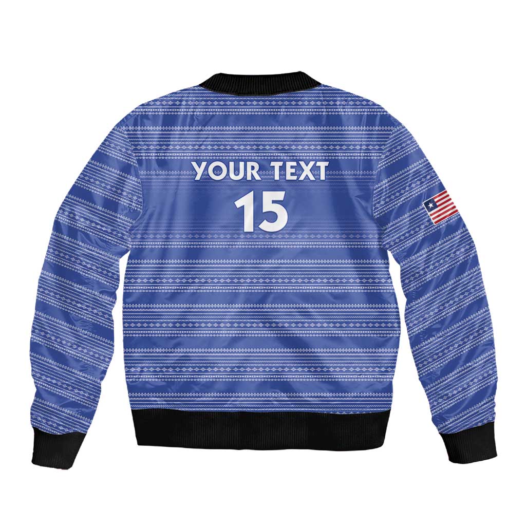 Custom Liberia Football Sleeve Zip Bomber Jacket African Tribal Pattern - Blue Jersey - African Pride