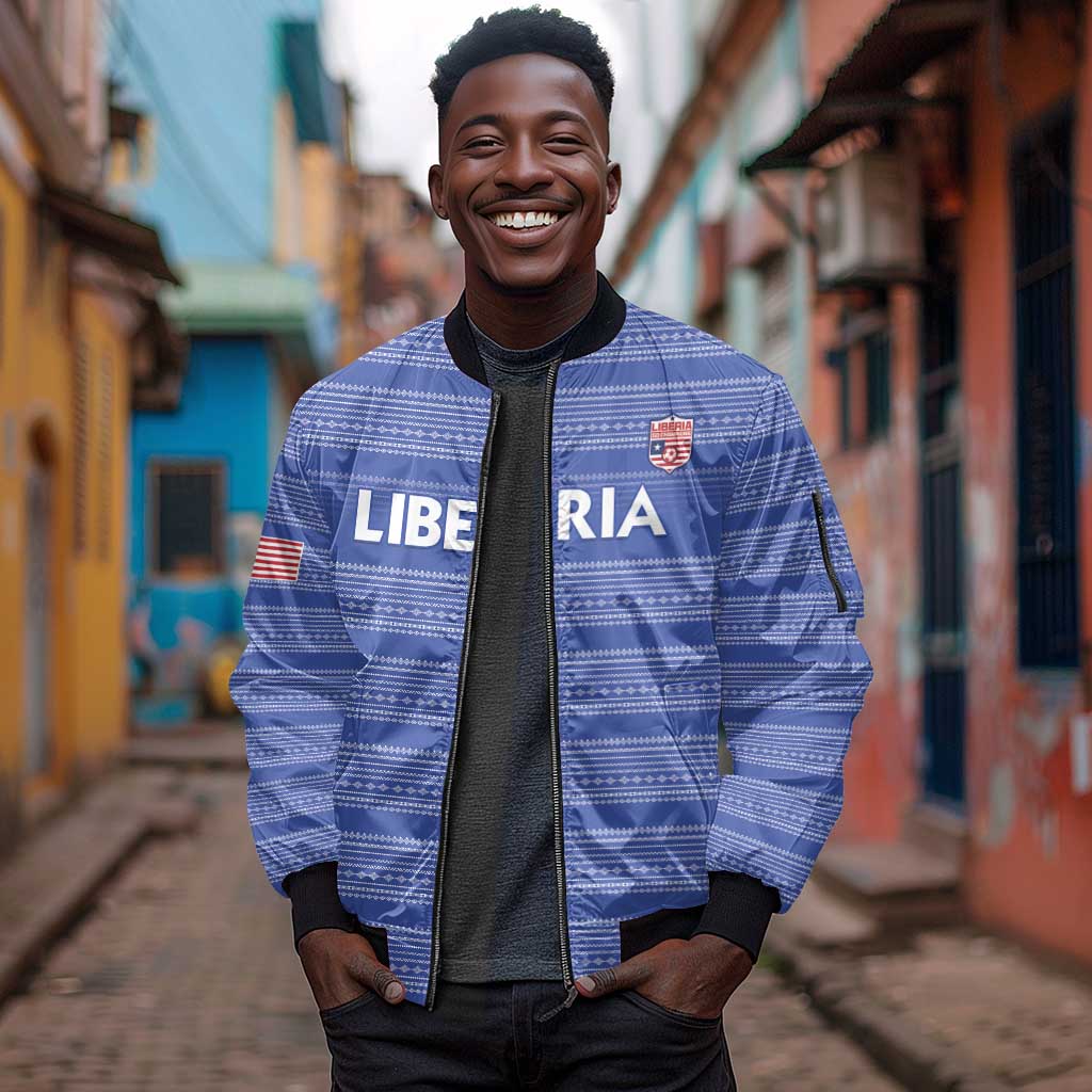 Custom Liberia Football Sleeve Zip Bomber Jacket African Tribal Pattern - Blue Jersey - African Pride