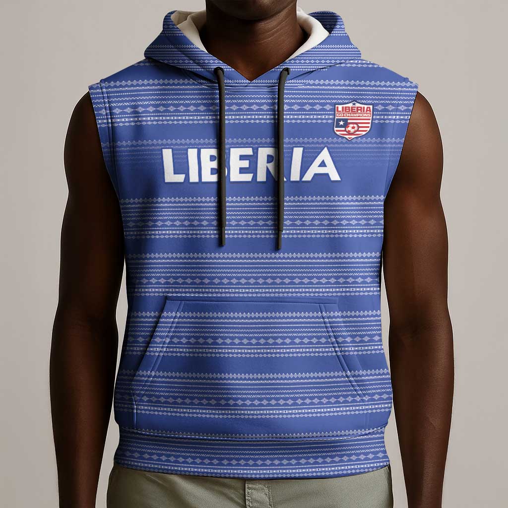 Custom Liberia Football Sleeveless Hoodie African Tribal Pattern - Blue Jersey - African Pride