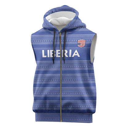 Custom Liberia Football Sleeveless Zip Hoodie African Tribal Pattern - Blue Jersey - African Pride