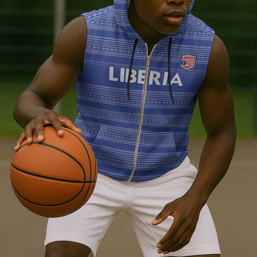 Custom Liberia Football Sleeveless Zip Hoodie African Tribal Pattern - Blue Jersey - African Pride