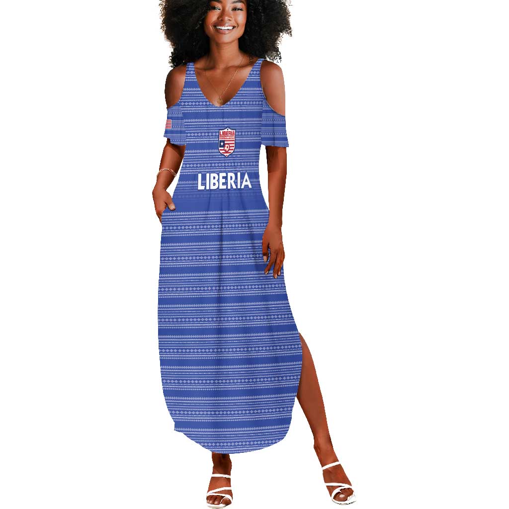 Custom Liberia Football Summer Maxi Dress African Tribal Pattern - Blue Jersey - African Pride
