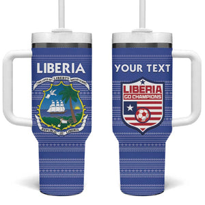 Custom Liberia Football Tumbler With Handle African Tribal Pattern - Blue Jersey - African Pride