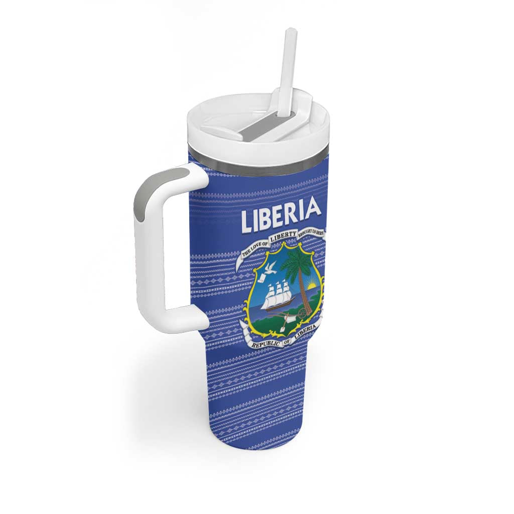 Custom Liberia Football Tumbler With Handle African Tribal Pattern - Blue Jersey - African Pride