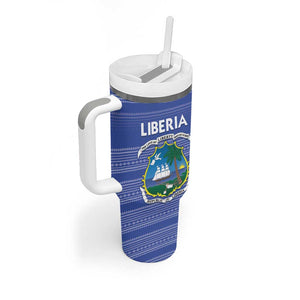Custom Liberia Football Tumbler With Handle African Tribal Pattern - Blue Jersey - African Pride