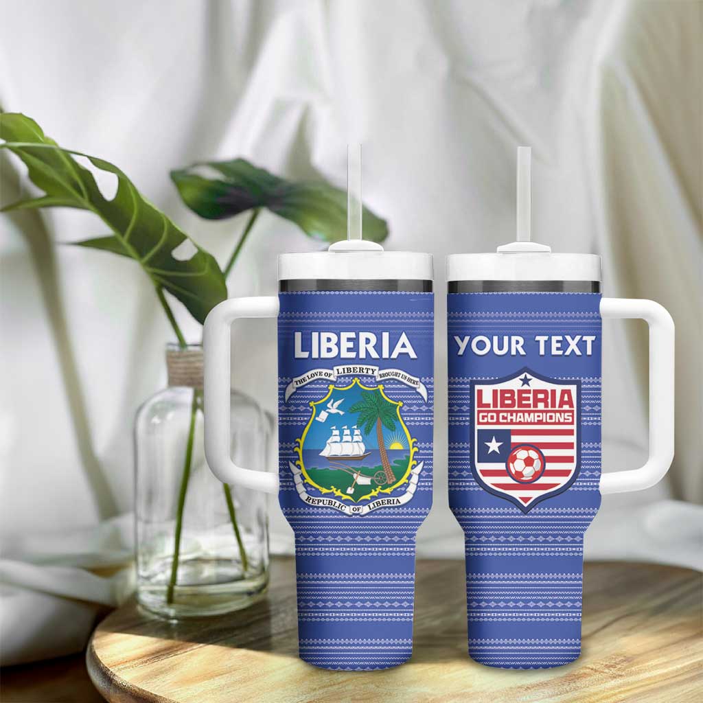 Custom Liberia Football Tumbler With Handle African Tribal Pattern - Blue Jersey - African Pride