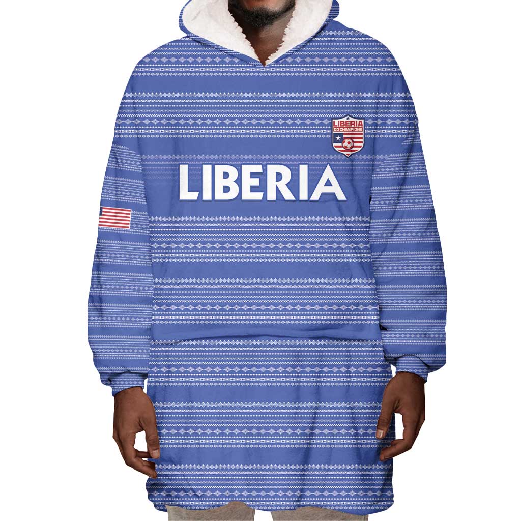 Custom Liberia Football Wearable Blanket Hoodie African Tribal Pattern - Blue Jersey - African Pride