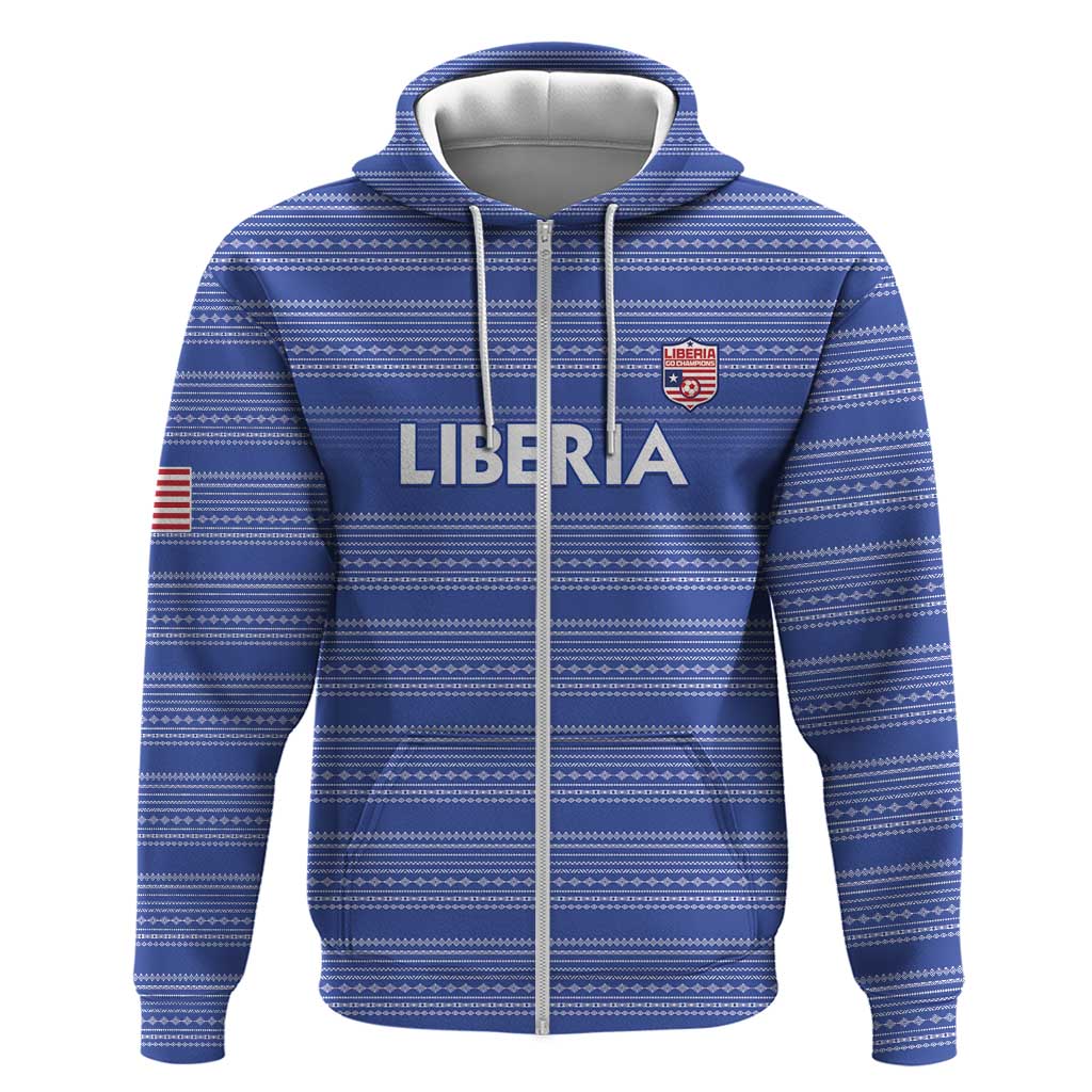 Custom Liberia Football Zip Hoodie African Tribal Pattern - Blue Jersey - African Pride