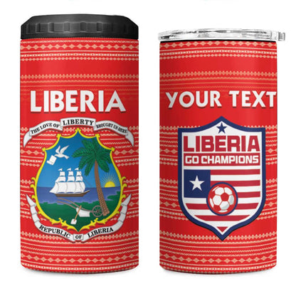 Custom Liberia Football 4 in 1 Can Cooler Tumbler African Tribal Pattern - Red Jersey - African Pride