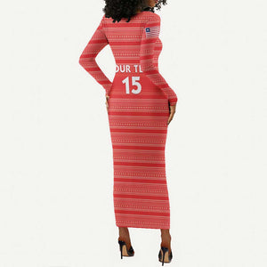 Custom Liberia Football Long Sleeve Bodycon Dress African Tribal Pattern - Red Jersey - African Pride