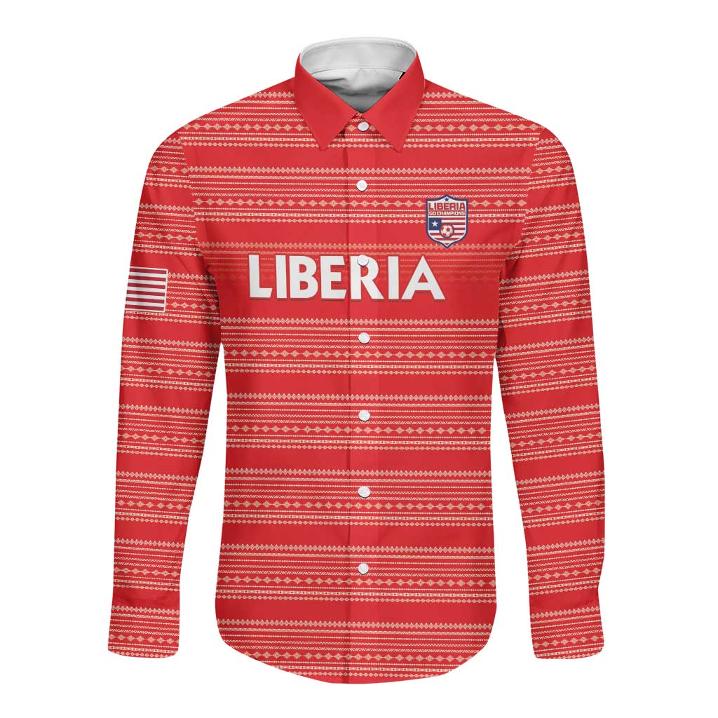 Custom Liberia Football Long Sleeve Button Shirt African Tribal Pattern - Red Jersey - African Pride