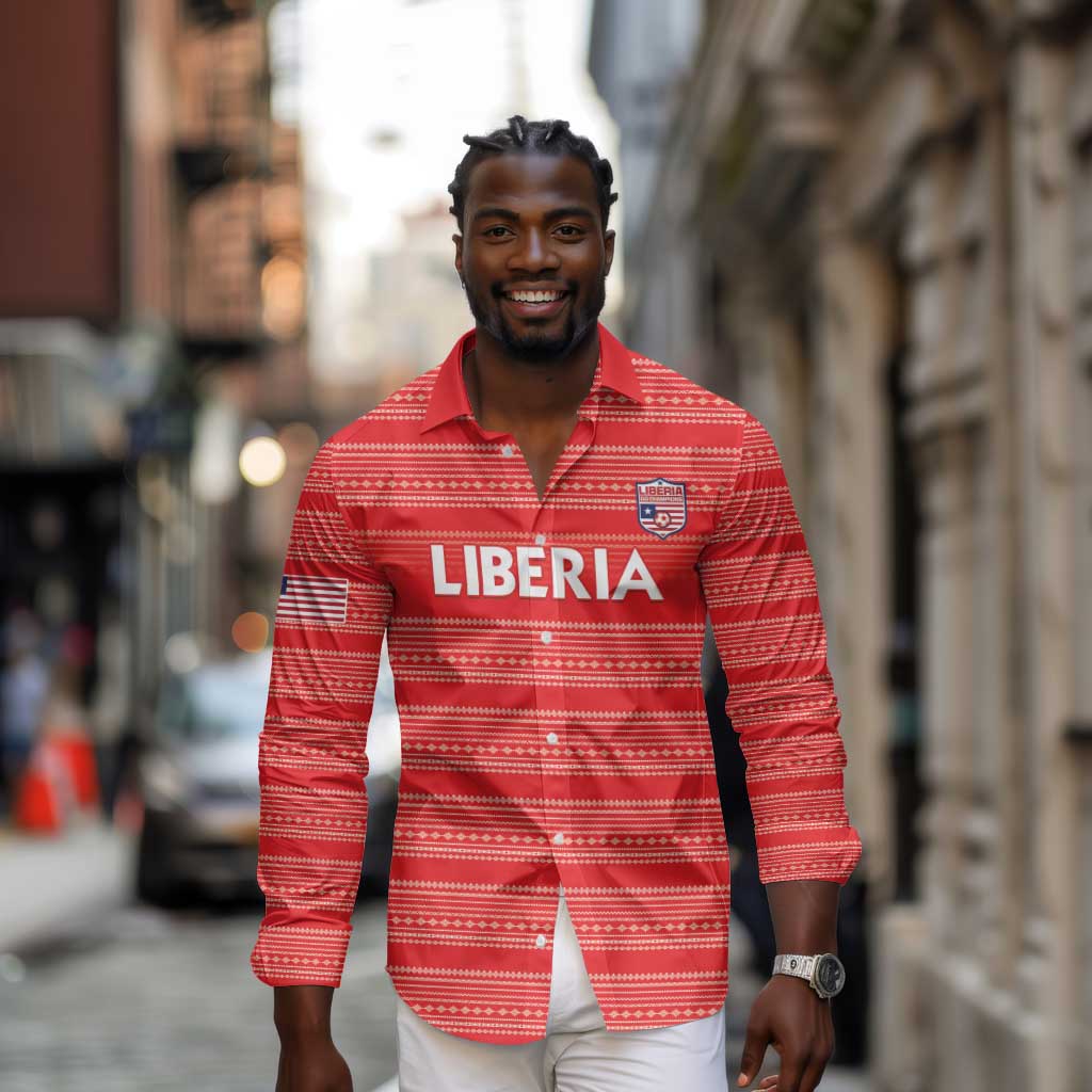 Custom Liberia Football Long Sleeve Button Shirt African Tribal Pattern - Red Jersey - African Pride