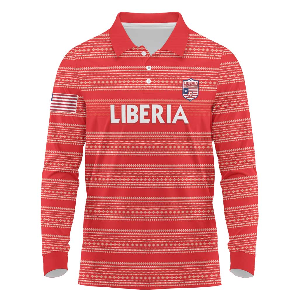 Custom Liberia Football Long Sleeve Polo Shirt African Tribal Pattern - Red Jersey - African Pride