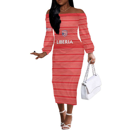 Custom Liberia Football Off The Shoulder Long Sleeve Dress African Tribal Pattern - Red Jersey - African Pride