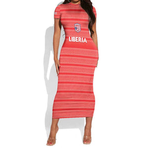 Custom Liberia Football Short Sleeve Bodycon Dress African Tribal Pattern - Red Jersey - African Pride