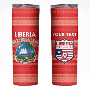 Custom Liberia Football Skinny Tumbler African Tribal Pattern - Red Jersey - African Pride