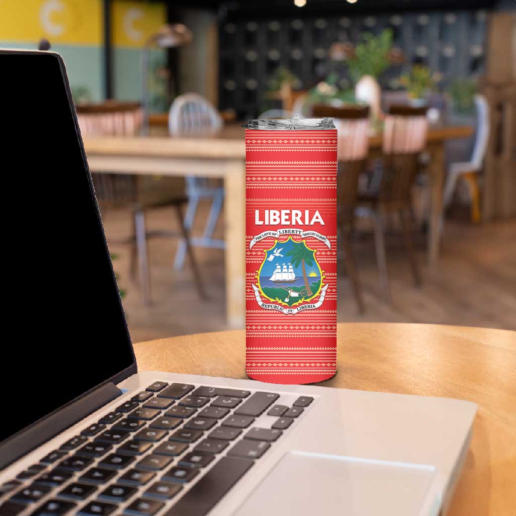 Custom Liberia Football Skinny Tumbler African Tribal Pattern - Red Jersey - African Pride