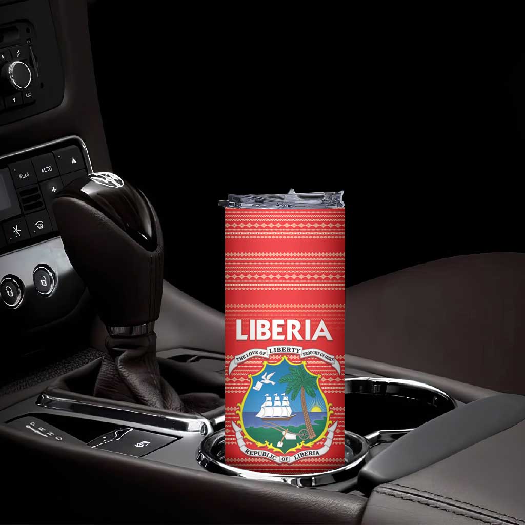 Custom Liberia Football Skinny Tumbler African Tribal Pattern - Red Jersey - African Pride