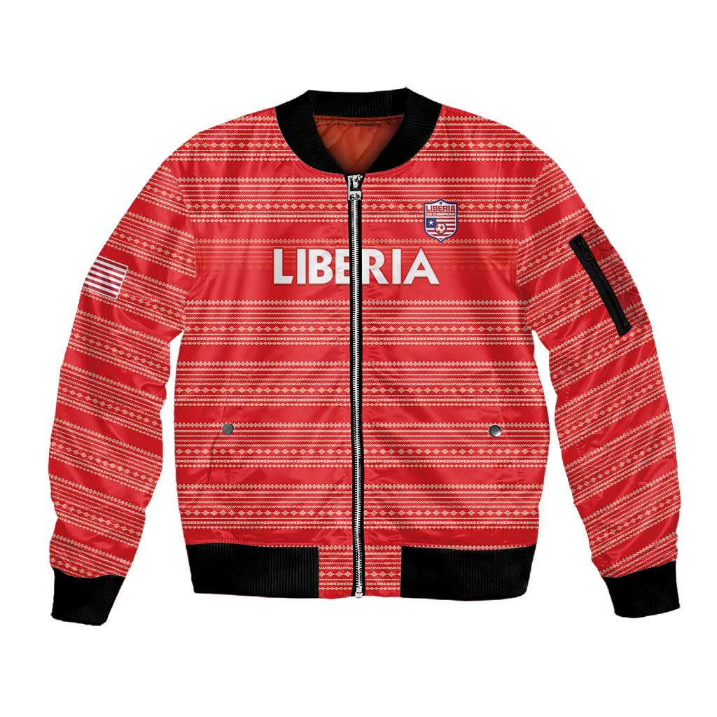 Custom Liberia Football Sleeve Zip Bomber Jacket African Tribal Pattern - Red Jersey - African Pride